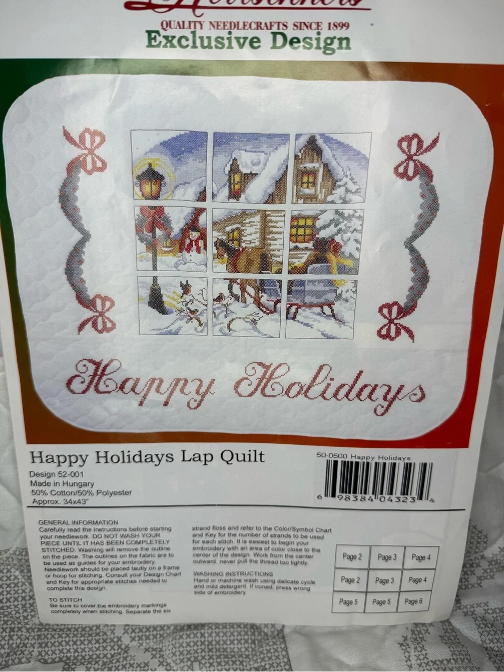 Vintage Herrschners Happy Holidays Lap Quilt Cross Stitch Kit Christmas #52-001